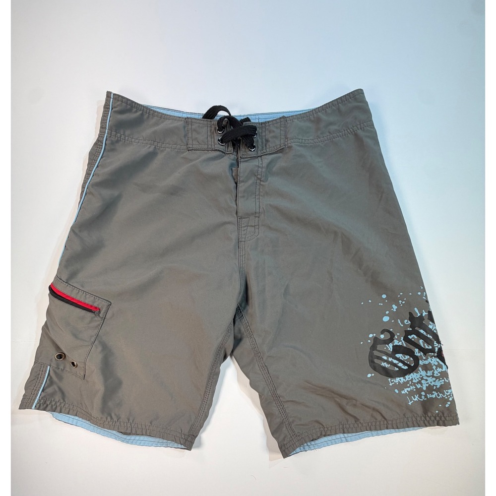 Gotcha Mens Gray Graphic Board Shorts Swim Trunks Size 34 Cargo Pocket Y2K Surf